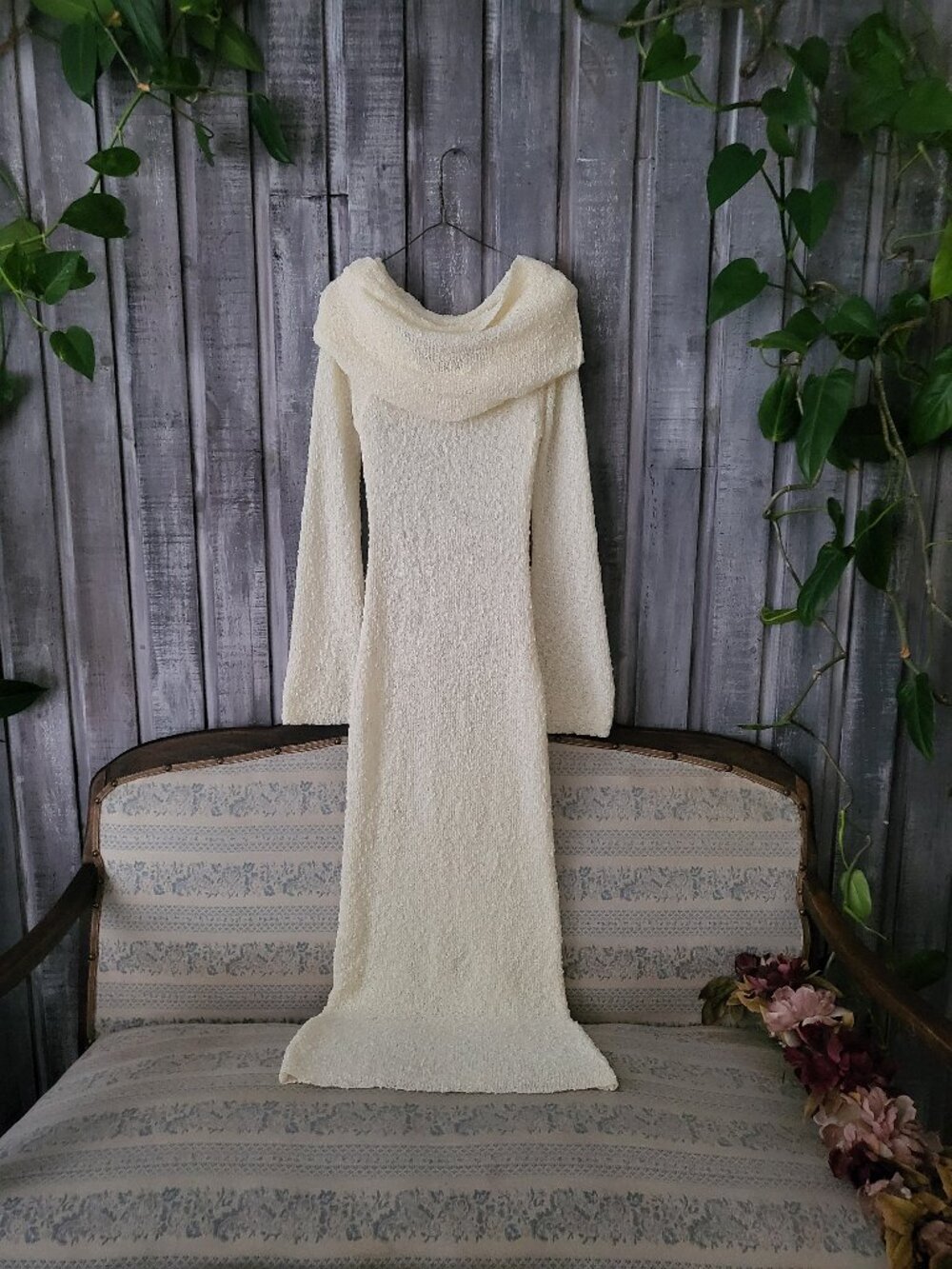 MESHKI Marisol Boucle Knit Cowl Neck Off The Shoulder Maxi Dress Ivory M
